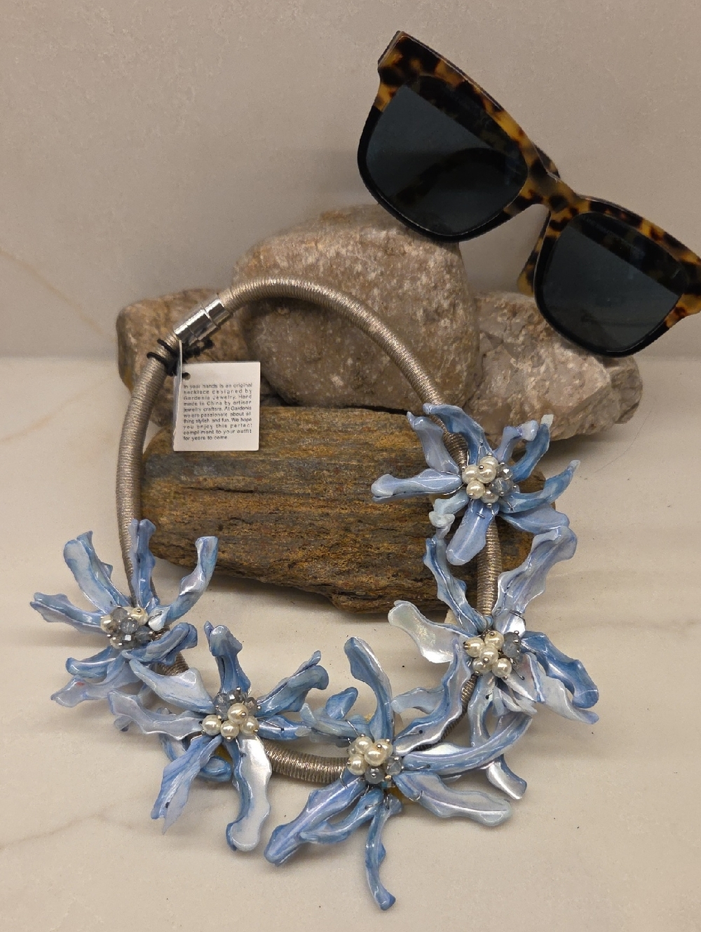 Handcrafted Blue Floral Statement Necklace - Women Accessories